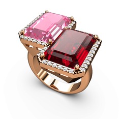 Pembe kuvars, garnet ve swarovski 14 ayar rose altın yüzük