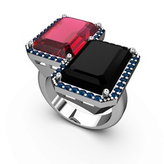 Rodolit garnet, siyah zirkon ve lab safir 18 ayar beyaz altın yüzük