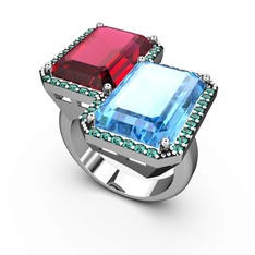 Rodolit garnet, akuamarin ve yeşil kuvars 18 ayar beyaz altın yüzük