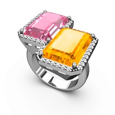 Avis Yüzük - Pembe kuvars, sitrin ve swarovski 8 ayar beyaz altın yüzük #1qkinip