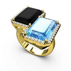 Siyah zirkon, akuamarin ve swarovski 14 ayar altın yüzük