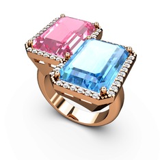 Pembe kuvars, akuamarin ve swarovski 14 ayar rose altın yüzük