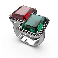 Garnet, yeşil kuvars ve siyah zirkon 18 ayar beyaz altın yüzük