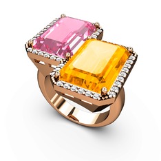 Pembe kuvars, sitrin ve swarovski 14 ayar rose altın yüzük