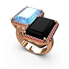 Akuamarin, siyah zirkon ve garnet 925 ayar rose altın kaplama gümüş yüzük