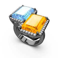 Avis Yüzük - Akuamarin, sitrin ve swarovski 925 ayar siyah rodyum kaplama gümüş yüzük #1s88ruf