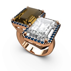 Avis Yüzük - Dumanlı kuvars, beyaz zirkon ve lab safir 14 ayar rose altın yüzük #1tasxob