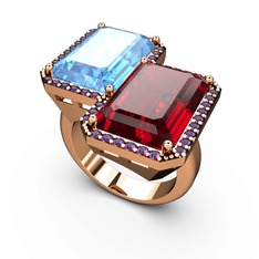 Akuamarin, garnet ve ametist 18 ayar rose altın yüzük