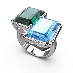 Yeşil kuvars, akuamarin ve swarovski 14 ayar beyaz altın yüzük