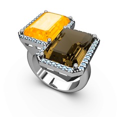 Avis Yüzük - Sitrin, dumanlı kuvars ve akuamarin 14 ayar beyaz altın yüzük #1tx1l77