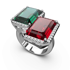 Yeşil kuvars, garnet ve swarovski 14 ayar beyaz altın yüzük