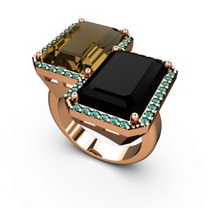 Dumanlı kuvars, siyah zirkon ve yeşil kuvars 14 ayar rose altın yüzük