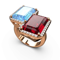 Akuamarin, garnet ve swarovski 8 ayar rose altın yüzük