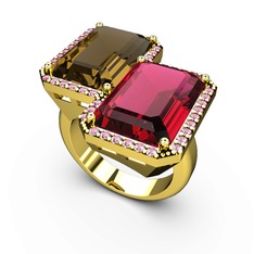 Dumanlı kuvars, rodolit garnet ve pembe kuvars 18 ayar altın yüzük