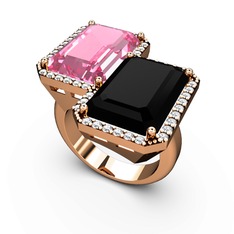 Pembe kuvars, siyah zirkon ve swarovski 14 ayar rose altın yüzük