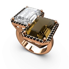 Beyaz zirkon, dumanlı kuvars ve siyah zirkon 8 ayar rose altın yüzük