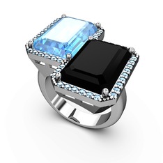 Akuamarin ve siyah zirkon 925 ayar gümüş yüzük