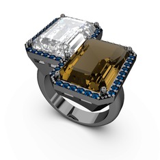 Avis Yüzük - Beyaz zirkon, dumanlı kuvars ve lab safir 925 ayar siyah rodyum kaplama gümüş yüzük #1x4cpe4