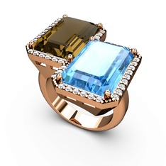 Avis Yüzük - Dumanlı kuvars, akuamarin ve swarovski 18 ayar rose altın yüzük #1x6gt7o