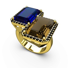 Lab safir, dumanlı kuvars ve siyah zirkon 14 ayar altın yüzük