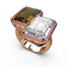 Dumanlı kuvars, beyaz zirkon ve rodolit garnet 8 ayar rose altın yüzük