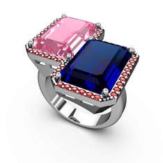 Pembe kuvars, lab safir ve garnet 18 ayar beyaz altın yüzük