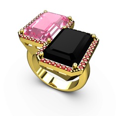 Pembe kuvars, siyah zirkon ve garnet 18 ayar altın yüzük