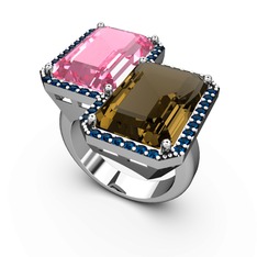 Pembe kuvars, dumanlı kuvars ve lab safir 18 ayar beyaz altın yüzük