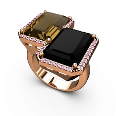 Avis Yüzük - Dumanlı kuvars, siyah zirkon ve pembe kuvars 18 ayar rose altın yüzük #3pzwlc