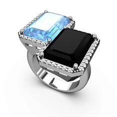 Avis Yüzük - Akuamarin, siyah zirkon ve swarovski 14 ayar beyaz altın yüzük #3vy4jt