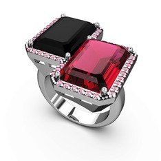 Avis Yüzük - Siyah zirkon, rodolit garnet ve pembe kuvars 18 ayar beyaz altın yüzük #3wf4qj