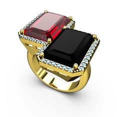 Garnet, siyah zirkon ve akuamarin 8 ayar altın yüzük