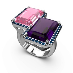 Pembe kuvars, ametist ve lab safir 18 ayar beyaz altın yüzük