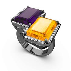 Avis Yüzük - Ametist, sitrin ve swarovski 925 ayar siyah rodyum kaplama gümüş yüzük #5566hf