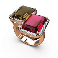 Dumanlı kuvars, rodolit garnet ve akuamarin 14 ayar rose altın yüzük