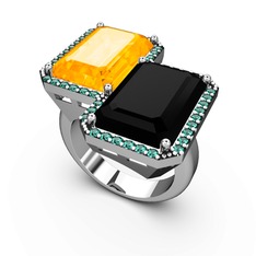 Avis Yüzük - Sitrin, siyah zirkon ve yeşil kuvars 18 ayar beyaz altın yüzük #5j2afi