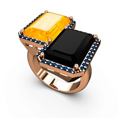 Sitrin, siyah zirkon ve lab safir 14 ayar rose altın yüzük