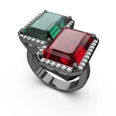 Avis Yüzük - Yeşil kuvars, garnet ve swarovski 925 ayar siyah rodyum kaplama gümüş yüzük #6gg0hu
