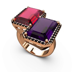 Rodolit garnet, ametist ve siyah zirkon 8 ayar rose altın yüzük