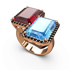 Garnet, akuamarin ve siyah zirkon 8 ayar rose altın yüzük