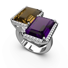 Dumanlı kuvars, ametist ve swarovski 14 ayar beyaz altın yüzük