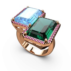 Akuamarin, yeşil kuvars ve rodolit garnet 18 ayar rose altın yüzük