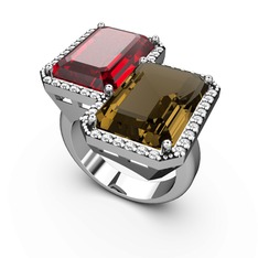 Avis Yüzük - Garnet, dumanlı kuvars ve swarovski 8 ayar beyaz altın yüzük #a38kr0