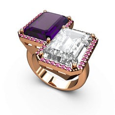 Ametist, beyaz zirkon ve rodolit garnet 18 ayar rose altın yüzük