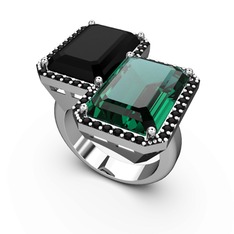 Siyah zirkon ve yeşil kuvars 8 ayar beyaz altın yüzük