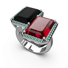 Siyah zirkon, garnet ve yeşil kuvars 8 ayar beyaz altın yüzük