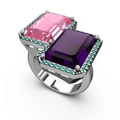 Avis Yüzük - Pembe kuvars, ametist ve yeşil kuvars 18 ayar beyaz altın yüzük #dtdza2