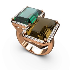 Avis Yüzük - Yeşil kuvars, dumanlı kuvars ve swarovski 18 ayar rose altın yüzük #e3m96n