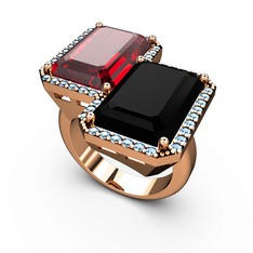 Garnet, siyah zirkon ve akuamarin 18 ayar rose altın yüzük