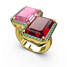 Pembe kuvars, garnet ve yeşil kuvars 14 ayar altın yüzük